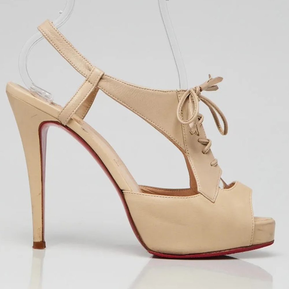 CHRISTIAN LOUBOUTIN 37 6 Nude Beige Leather Sometimes Lace-up Platform Sandal